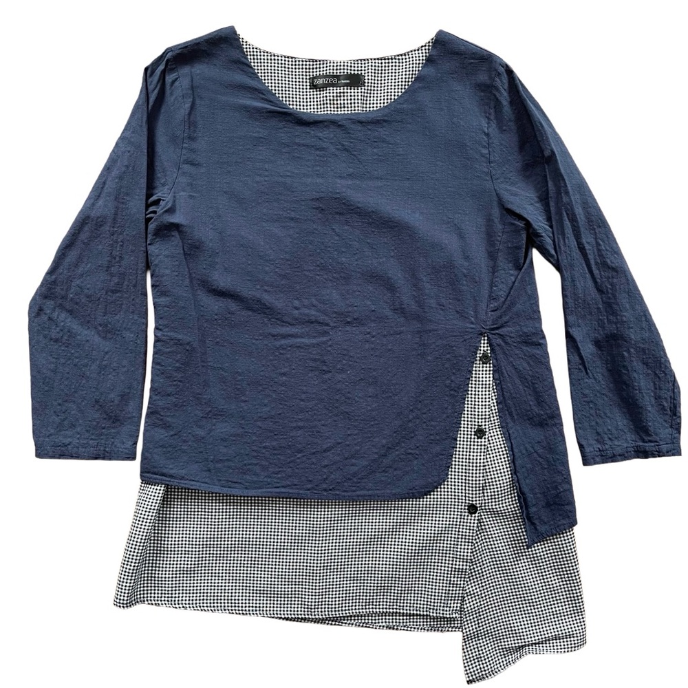 Zanzea Navy Blue & Gingham Faux-Layered Asymmetric Tunic